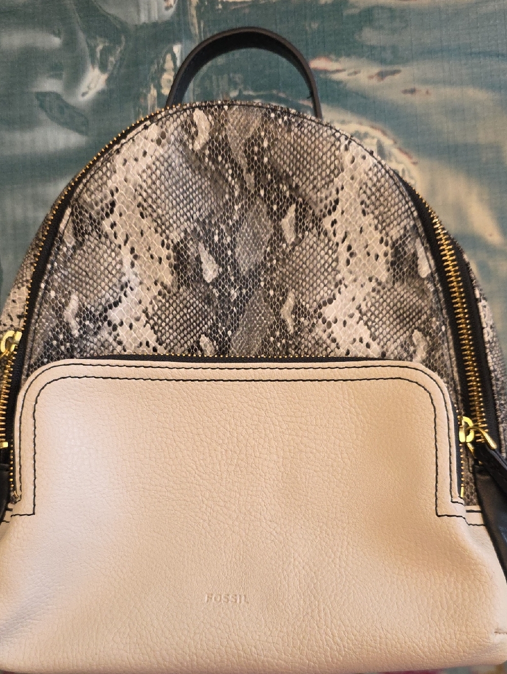 Fossil Cream Leather Backpack with Snake-Print Accent